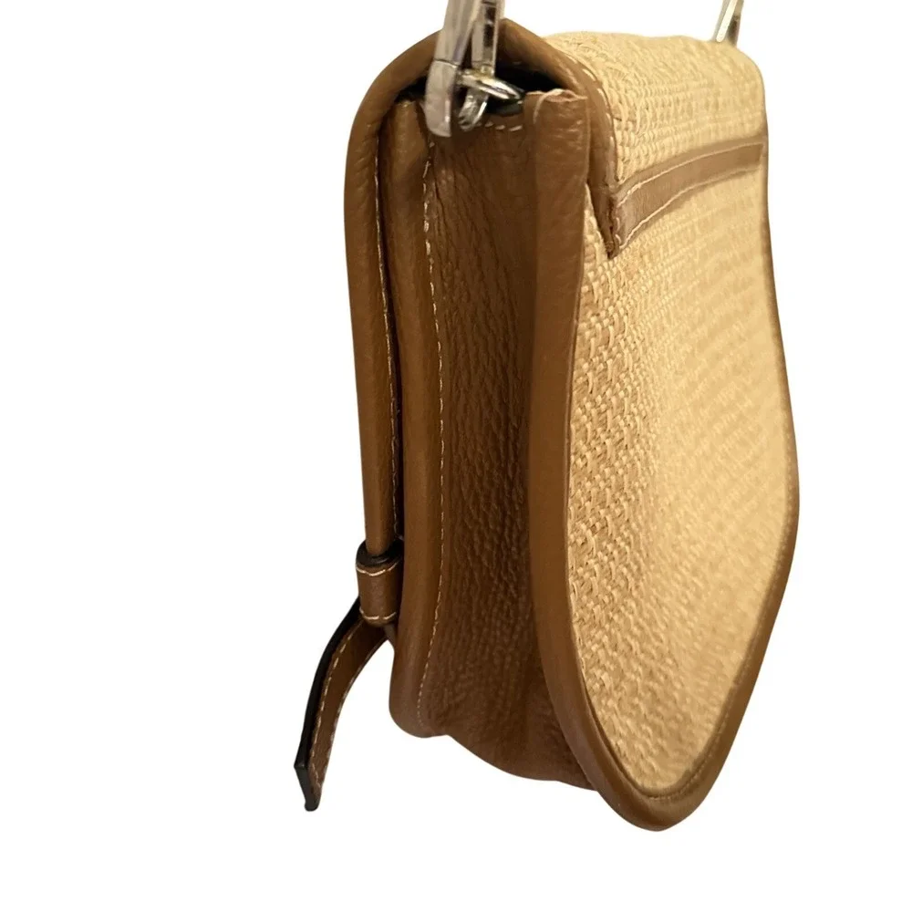 J. Jill Woven Straw Brown Leather‎ Crossbody Saddle Bag Summer Chic Straw Trend
